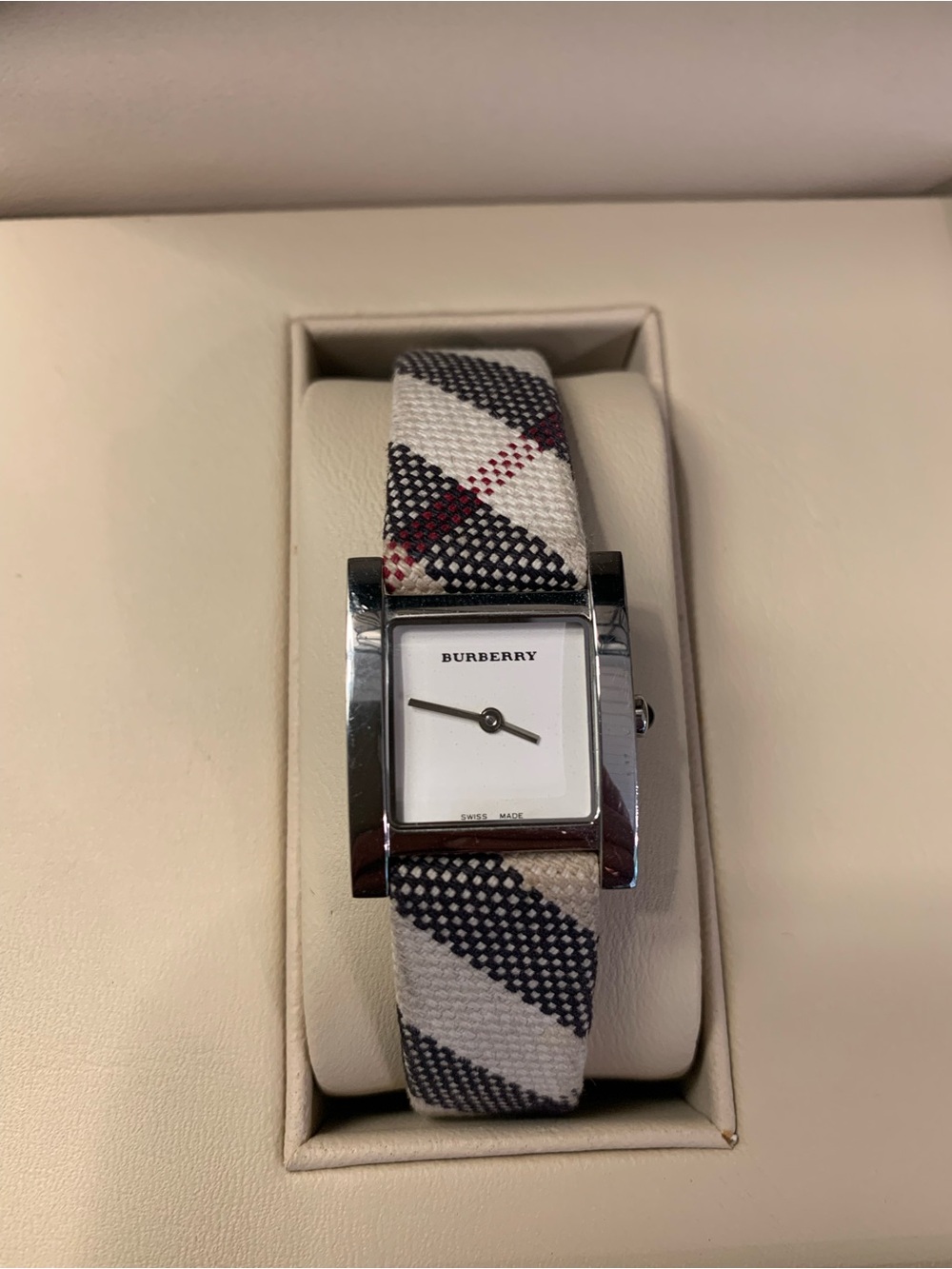 Burberry Rectangular Silver Case Watch with Beige Plaid Strap